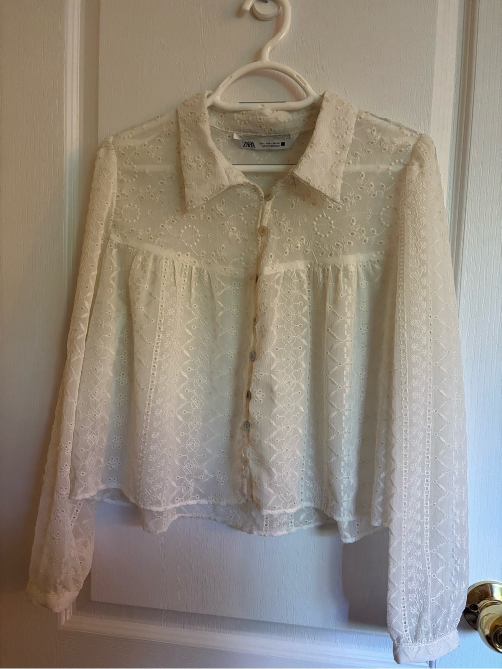 Zara Cream Eyelet Lace Button-Up Blouse with Collar